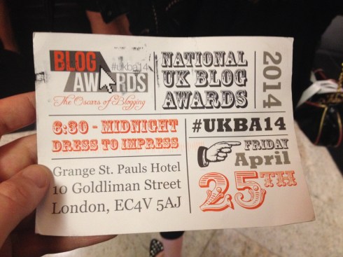 The UK Blog Awards 2014 Invite, featuring my thumb 